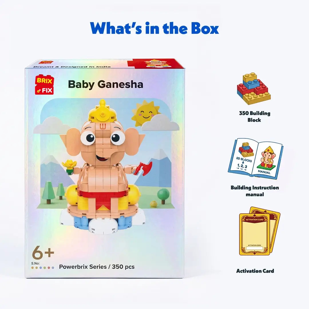 Unboxing contents layout showing Lego-compatible baby Ganesha building blocks parts