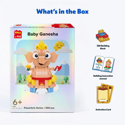 Unboxing contents layout showing Lego-compatible baby Ganesha building blocks parts